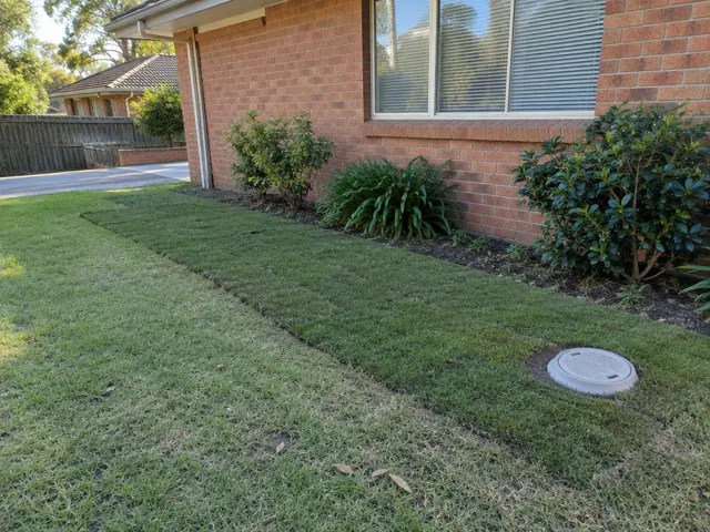 Tidy reinstated lawn strip beside a brick house with a capped inspection opening in Winston Hills